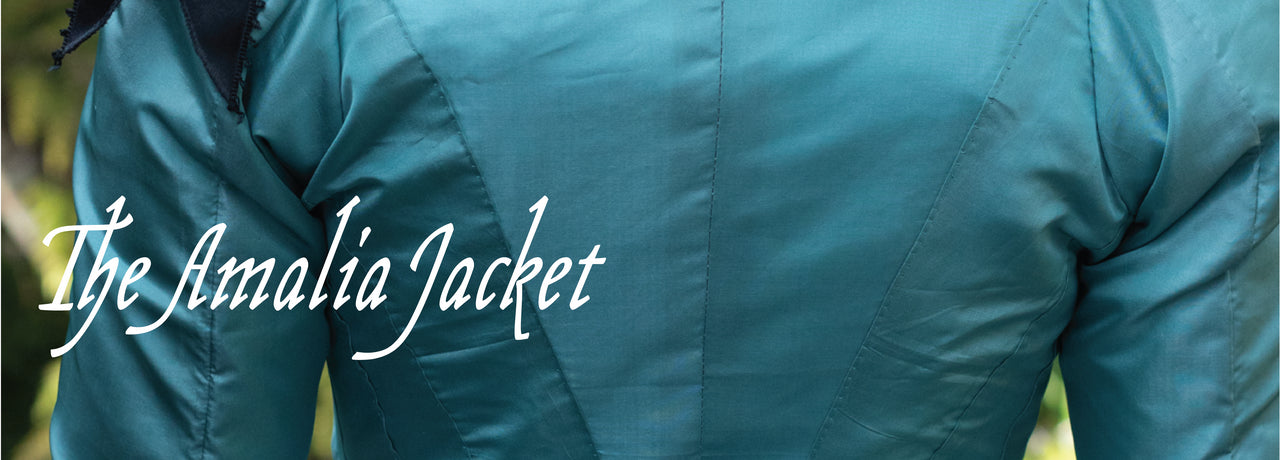 Banner reads 'The Amalia Jacket' over a detail of a woman in a teal silk jacket