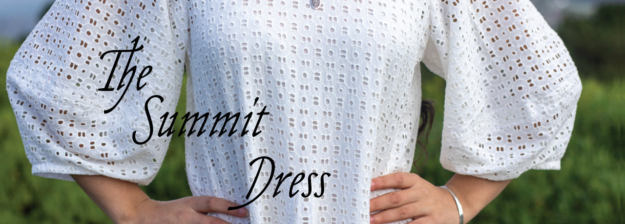 Banner reads 'The Aidah Gown' over a detail of the back seams and pleated sleeves of a cobalt blue silk dress